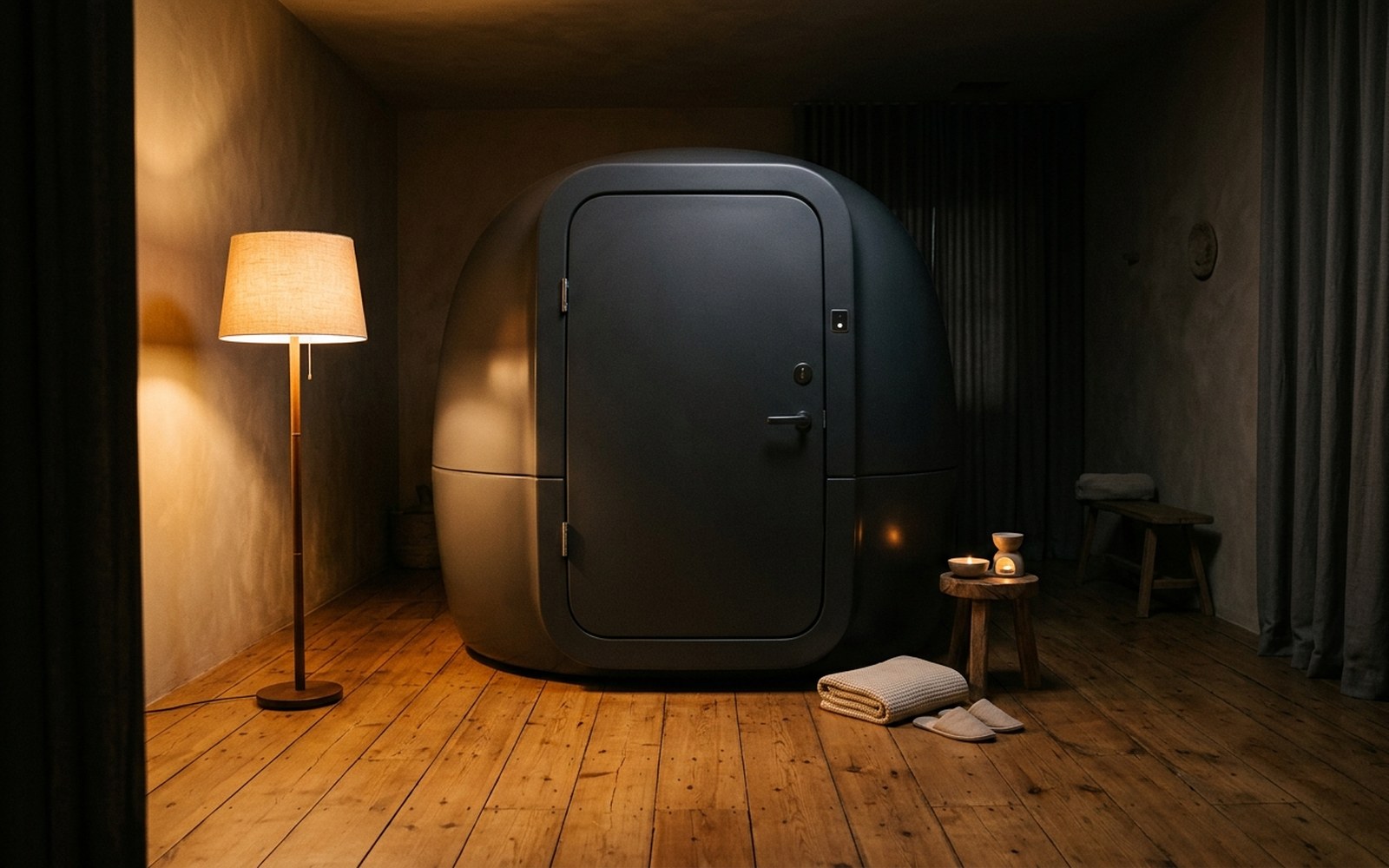 Floatačná kapsula v tlmenom wellness svetle pripravená na prvú float terapiu